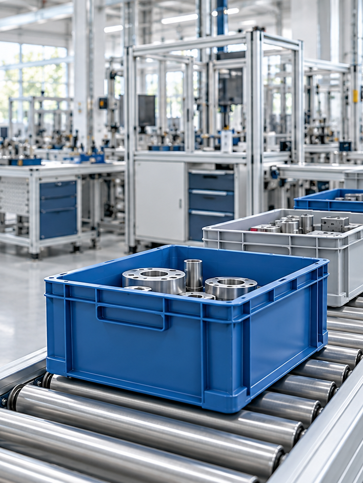 Materialfluss mit blauen Transportkisten · KI-generiertes Symbolbild Blaue Transportkisten mit Bauteilen auf einem Rollenförderband in einer Produktionshalle – KI-generiertes Symbolbild